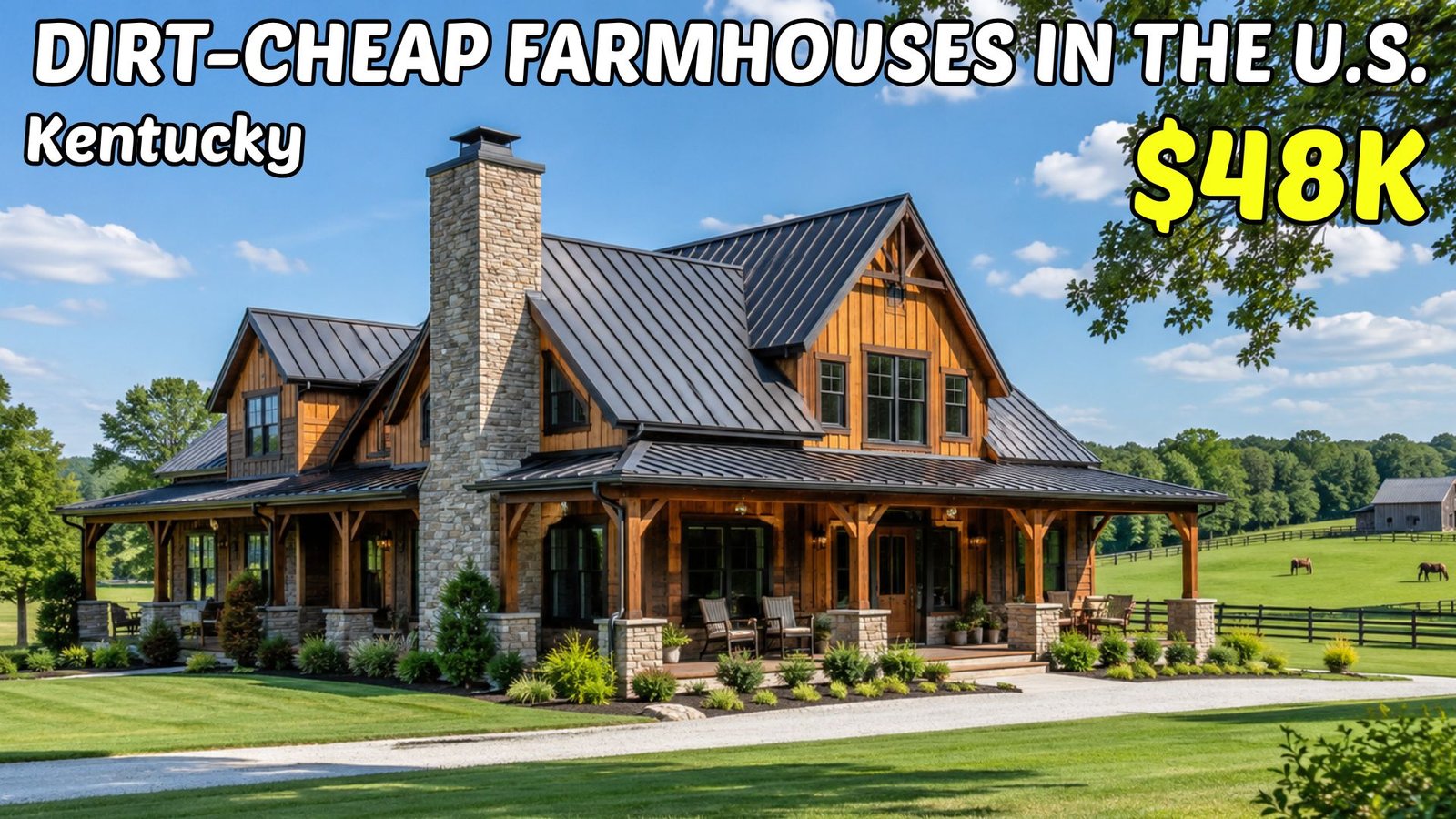 Cheap farmhouse with land in Kentucky surrounded by rolling hills and rural countryside