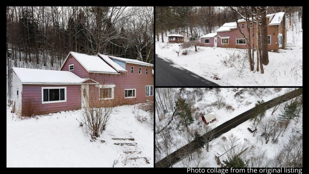 Exterior collage showing the 12 wooded acres, established garden plantings, gazebo, and barn of a farmhouse for sale in Petersburgh, New York
