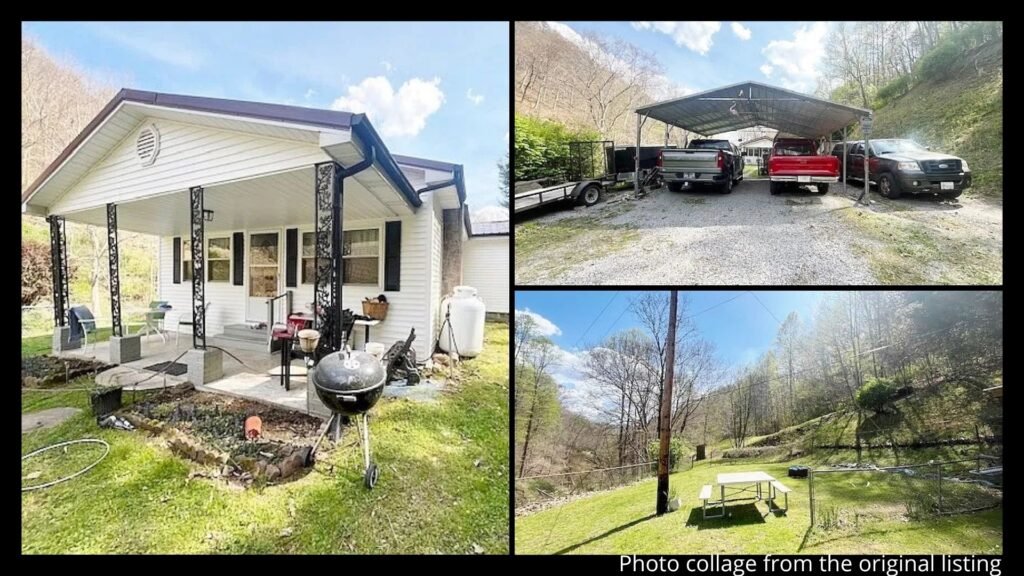 Exterior collage showing the 14 acres, flat areas, detached garage, and storage building of a rural home for sale in Belcher, Kentucky