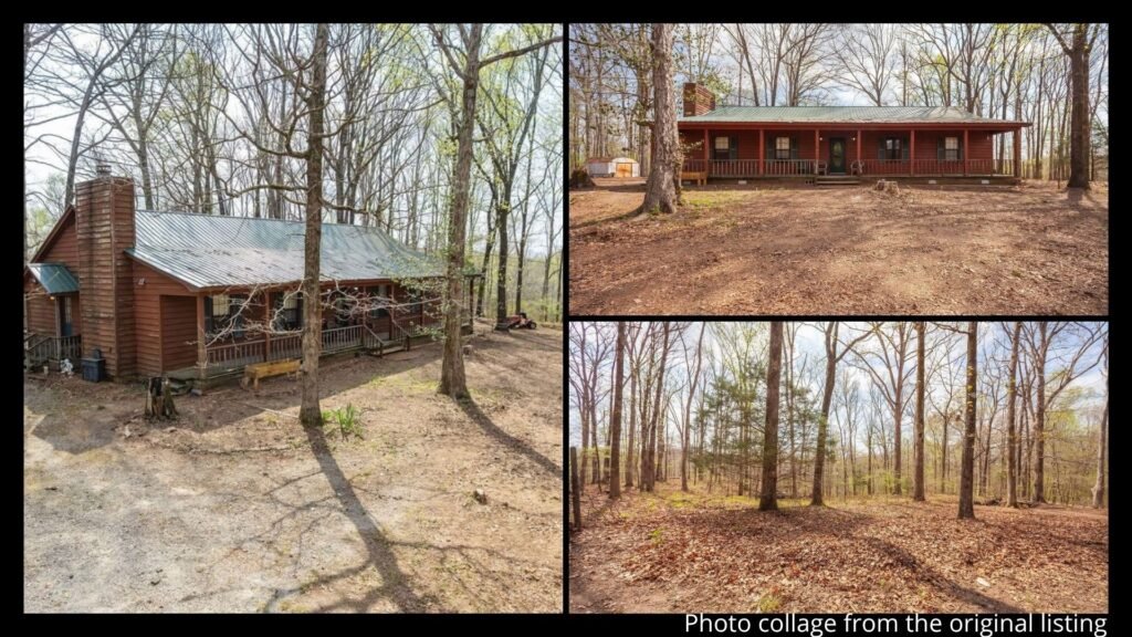Exterior collage showing the 2 wooded rolling acres, front porch, and peaceful surroundings of a home for sale outside Jackson, Tennessee