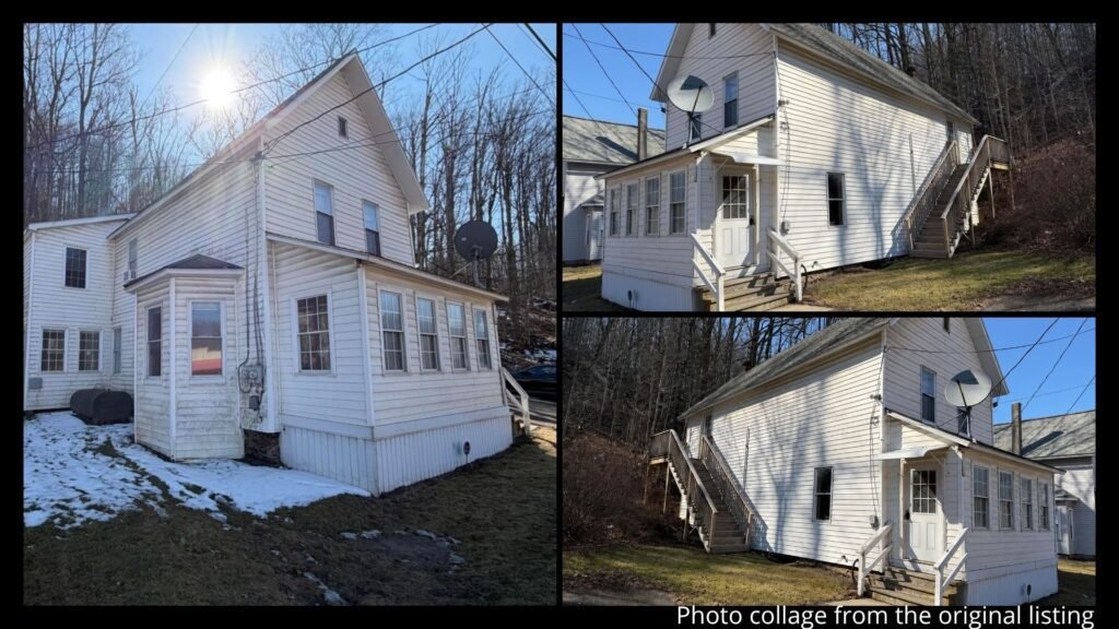 Exterior collage showing the 3.21 acres, main road frontage, and ample outdoor space of a home with community business zoning for sale in Dushore, Pennsylvania