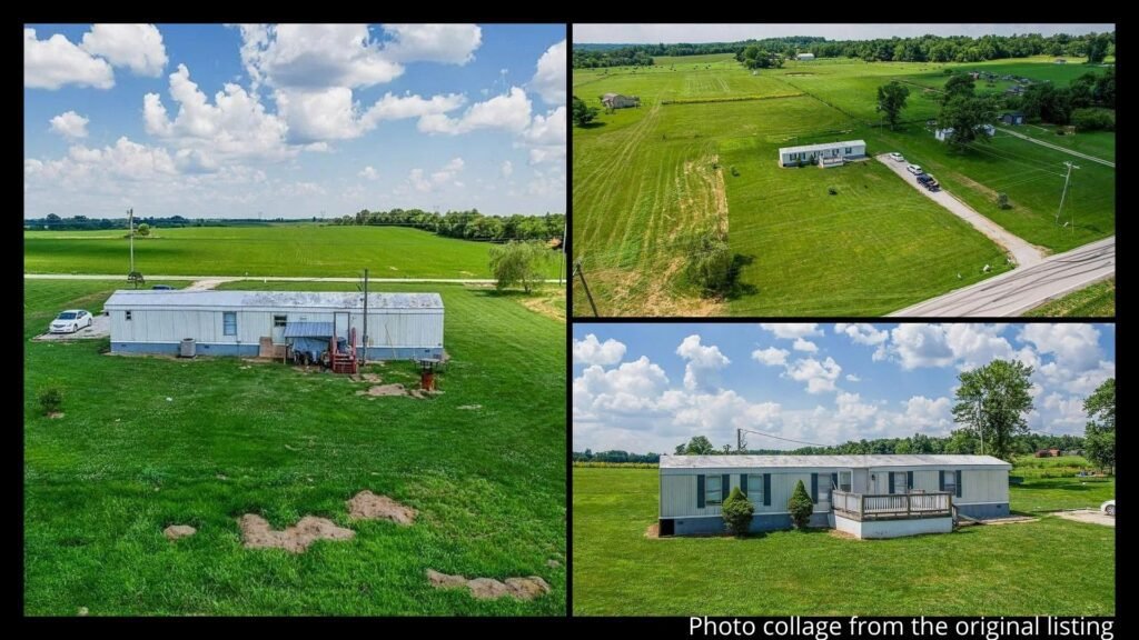 Exterior collage showing the 5 acres, fenced backyard, deck, and rural setting of a rental property for sale in Hodgenville, Kentucky
