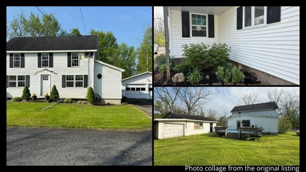 Exterior collage showing the 8 acres, two-car detached garage, deck, and gravel driveway of an 1880 Colonial for sale in Oneida, New York