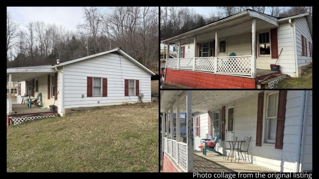 Exterior collage showing the barn, dairy cellar, covered porch, and mountain views of a rural ranch home for sale in Cleveland, Virginia