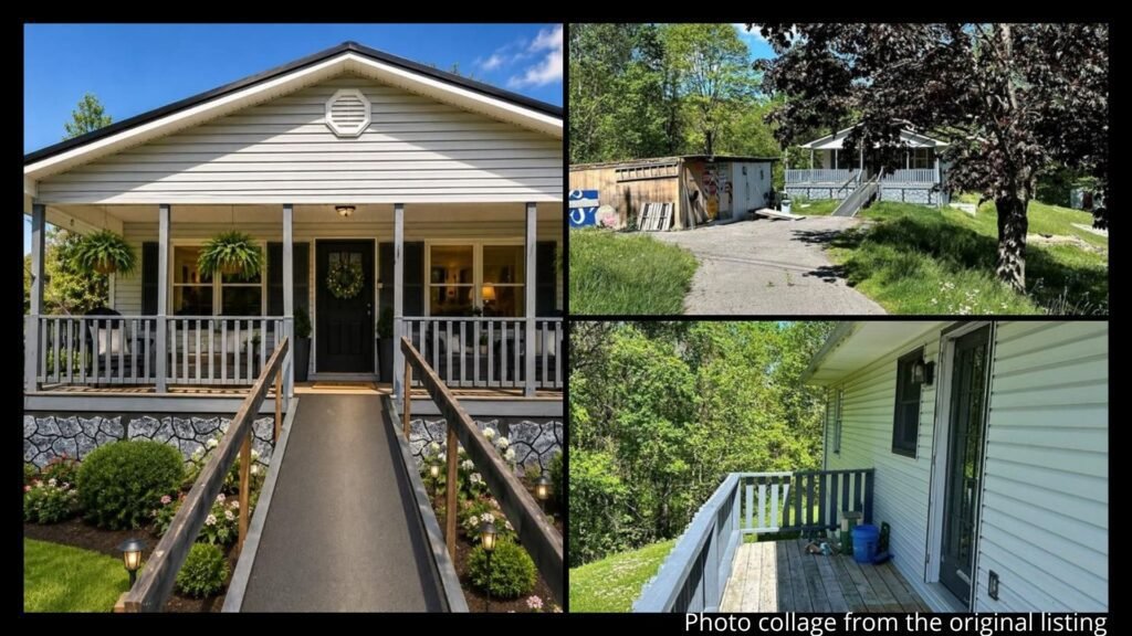 Exterior collage showing the covered deck, chain link fenced yard, paved parking, and 2 acres of a mountain home for sale in Raven, Virginia