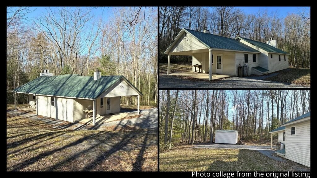 Exterior collage showing the two covered concrete patios, storage shed, parking area, and surrounding 1,000 acres of Pennsylvania state forest land at a State Lease Cabin for sale in Beech Creek, Pennsylvania