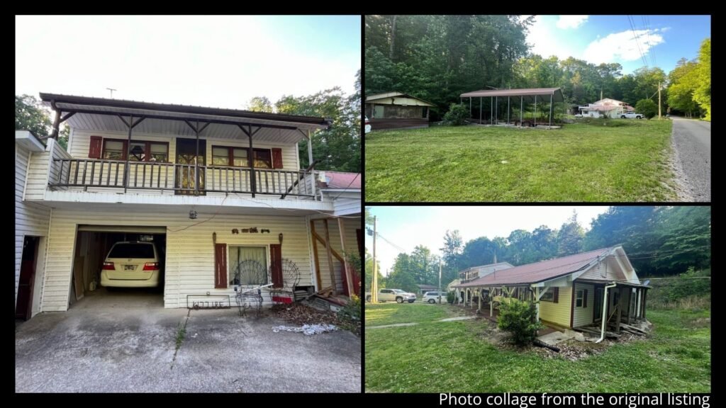 Exterior collage showing the creek, pond, storm cellar, workshop, sheds, and 9.7 wooded acres of a three-structure rural property for sale in Waynesboro, Tennessee