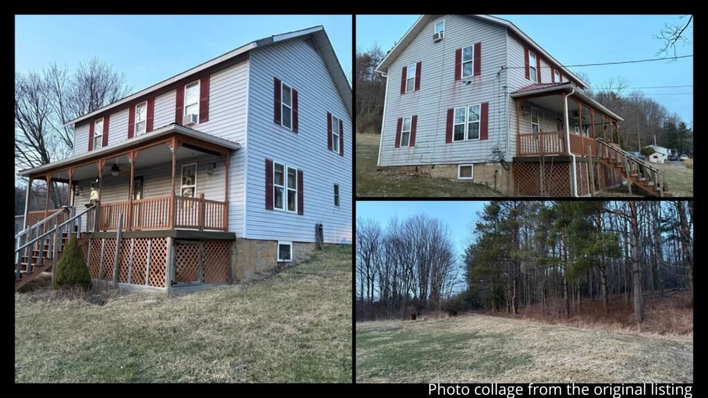 Exterior collage showing the large front porch, private back patio, great views, and 3 acres with spring water of a 1930 home for sale in Rossiter, Pennsylvania