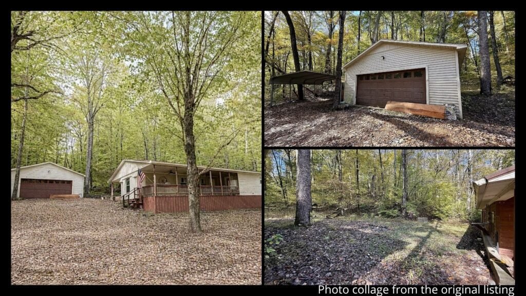Exterior collage showing the covered front porch, two-car garage, carport, and wooded acreage of a rustic cabin for sale in Waverly, Tennessee