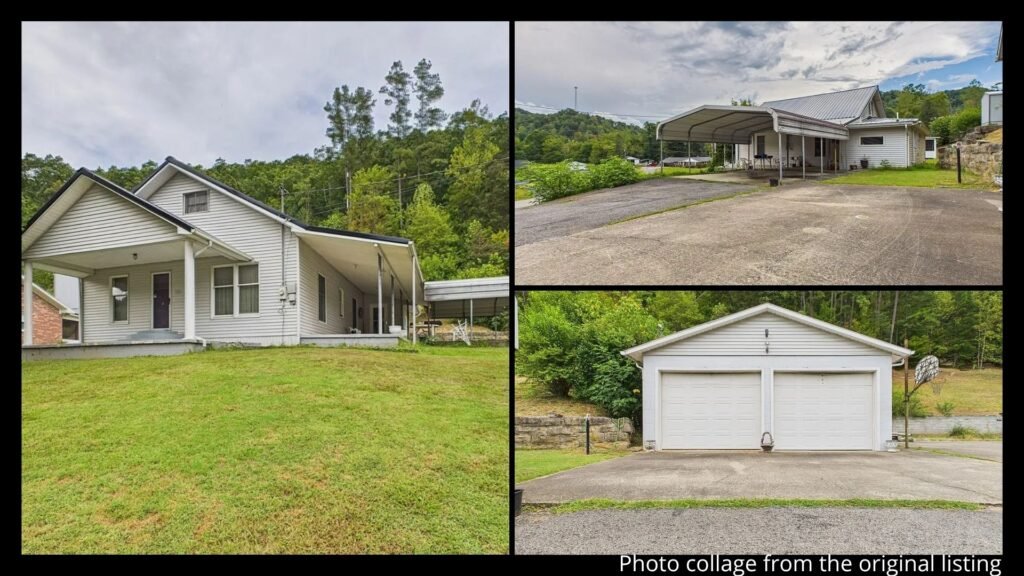 Exterior collage showing the two-car garage, carport, cellar, and 15 wooded acres of a farmhouse for sale near Paintsville in Nippa, Kentucky