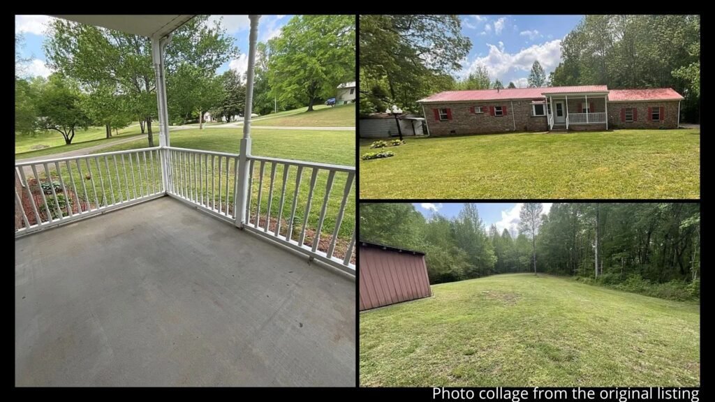 Exterior collage showing the brick construction, two-car attached garage, covered front porch, and 5 open acres of a remodeled home for sale in Bruceton, Tennessee