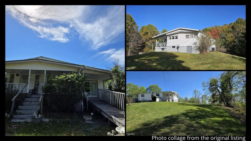 Exterior collage showing the mountain views, three garden areas, detached garage, carport, and fenced backyard of a home for sale in Coeburn, Virginia