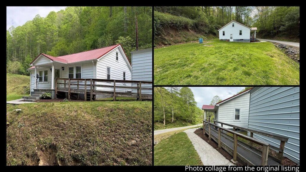 Exterior collage showing the heated two-car garage, creek views, and 7.5 rolling acres of a mountain cottage for sale in Grundy, Virginia
