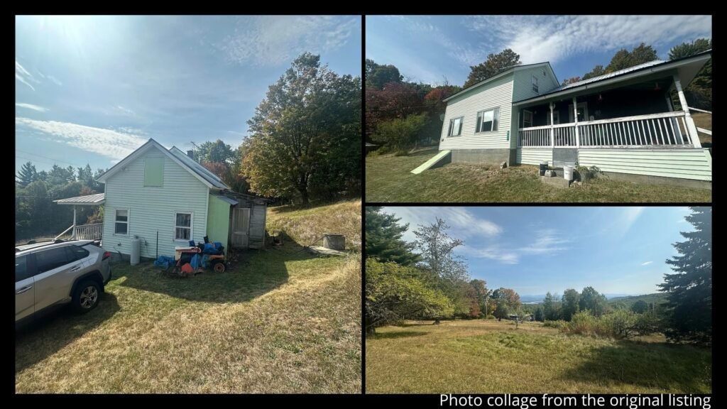 Exterior collage showing the lake views, mountain views, wooded acreage, and covered front porch of an 1887 farmhouse for sale in Moriah, New York
