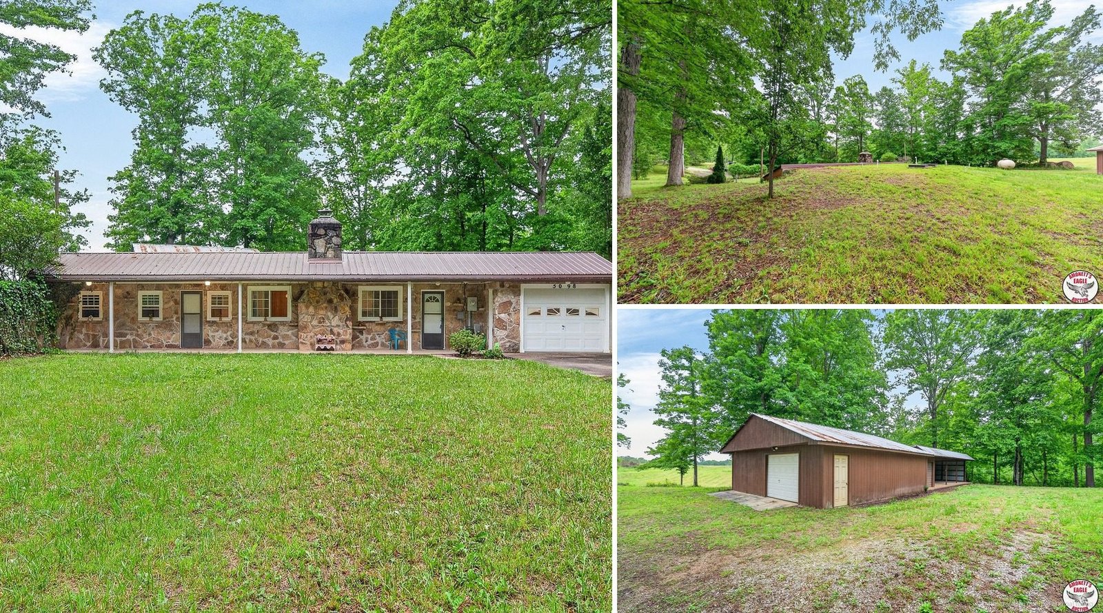 Exterior and land of cheap farmhouse in Baxter Tennessee — 3 acres Cumberland Plateau detached workshop white oak canopy