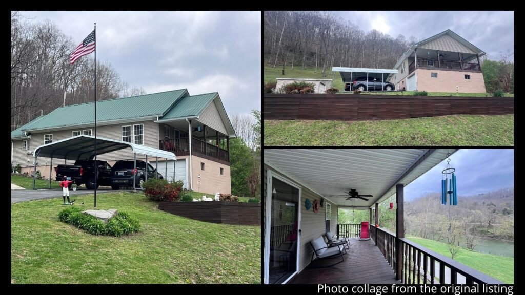 8 acre land and outdoor space of farmhouse on the Cumberland River in Miracle Kentucky with workshop and carport