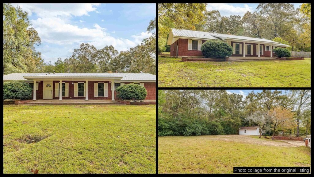 Exterior and land photos of cheap farmhouse in Bastrop, LA — 2 acres, $209.9K