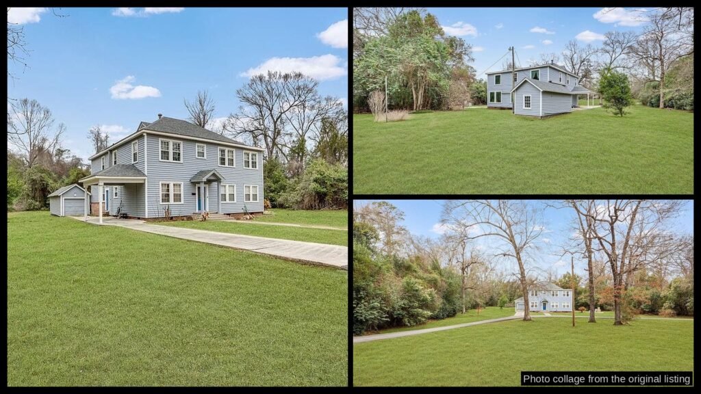 Exterior and land photos of cheap farmhouse in Bogalusa, LA — 3.5 acres, $185K