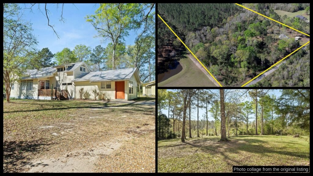 Exterior and land photos of cheap farmhouse in DeRidder, LA — 20 acres, $240K
