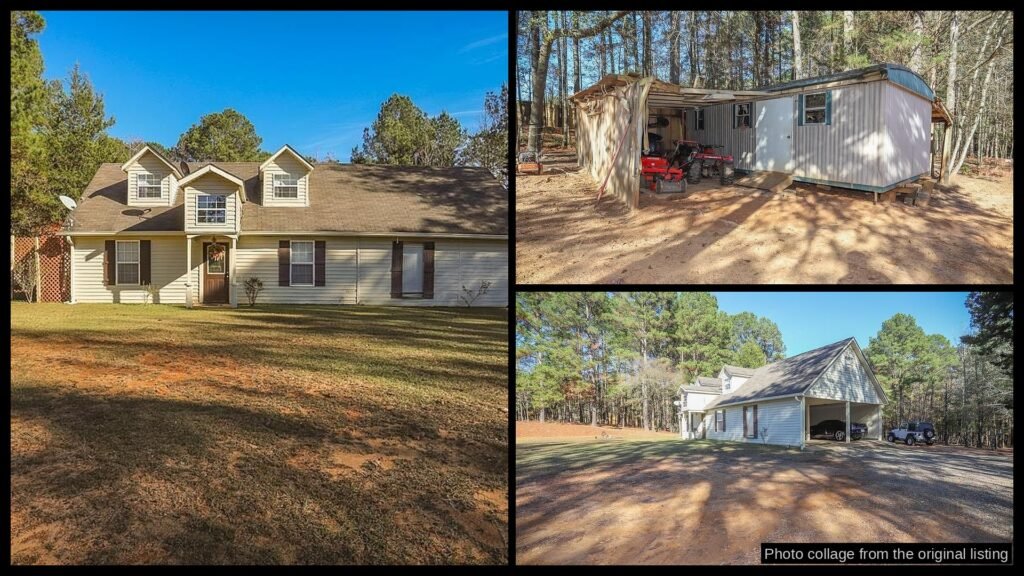Exterior and land photos of cheap farmhouse in Dubach, LA — 4.69 acres, $235K