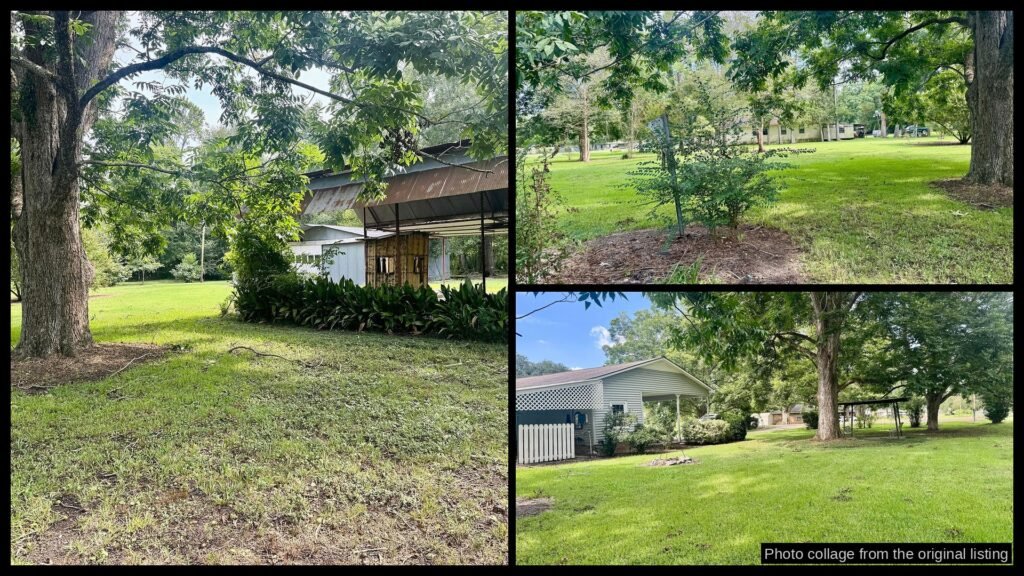 Exterior and land photos of cheap farmhouse in Ferriday, LA — 2.19 acres, $92K