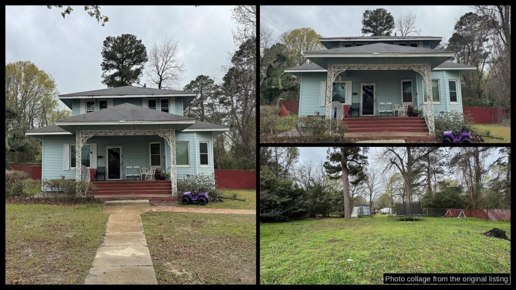 Exterior and land photos of cheap farmhouse in Haynesville, LA — 0.62 acres, $49.9K