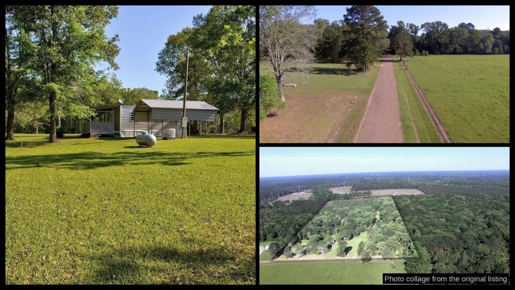 Exterior and land photos of cheap farmhouse in Marion, LA — 20 acres, $169.9K