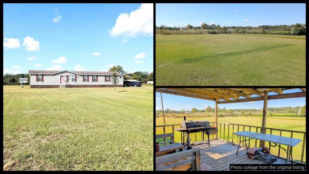 Exterior and land photos of cheap farmhouse in Rayville, LA — 2.39 acres, $120K