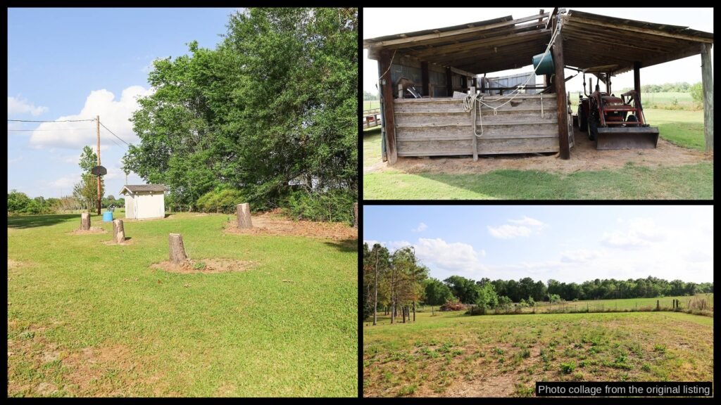 Exterior and land photos of cheap farmhouse in Winnsboro, LA — 4 acres, $139K
