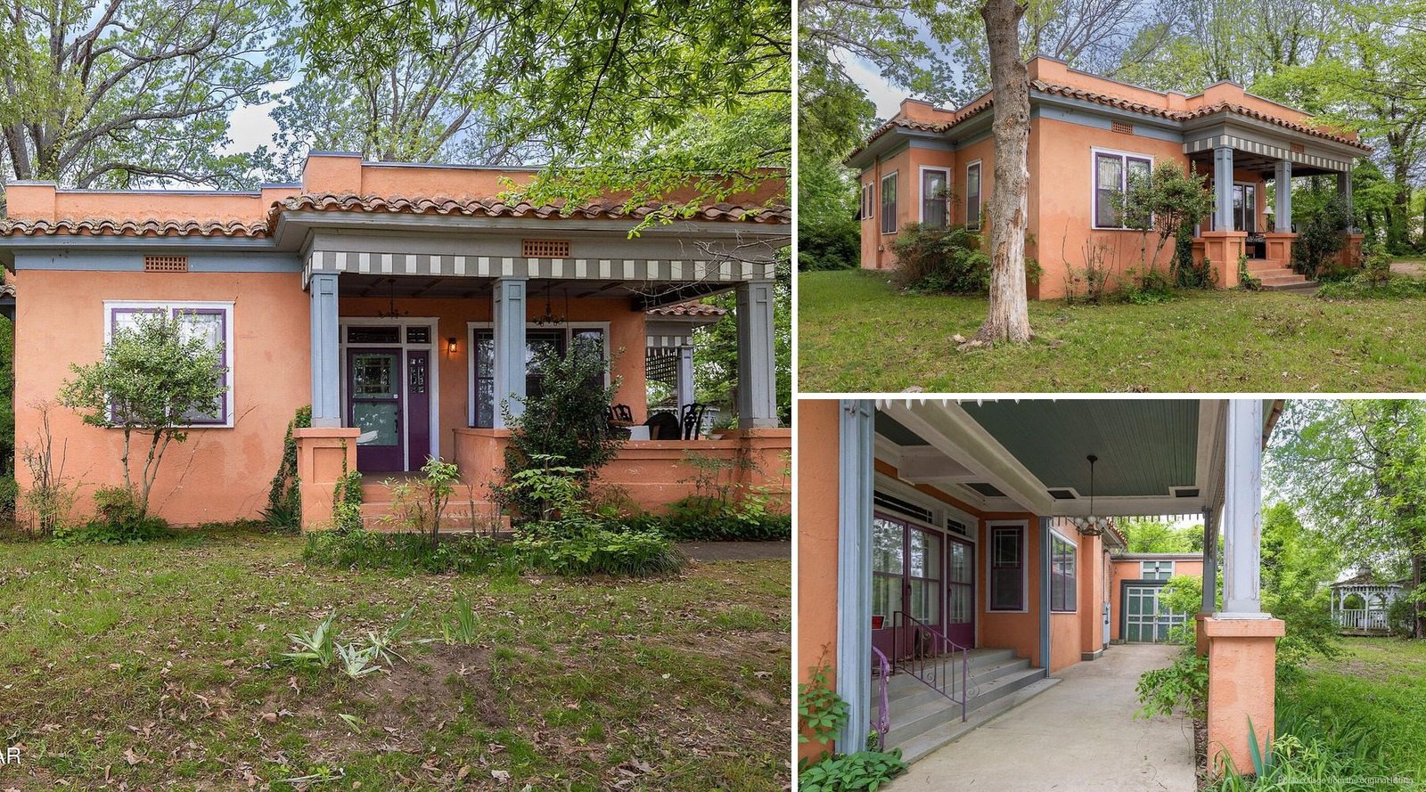 Exterior of historic 1925 farmhouse in Milan Tennessee — full front porch six columns beadboard ceiling in-town location