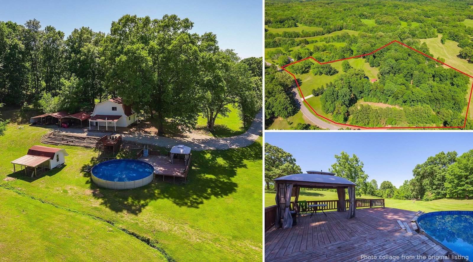 Exterior and land of cheap farmhouse in Milan Tennessee — 10 acres working barn hardwood trees open pasture