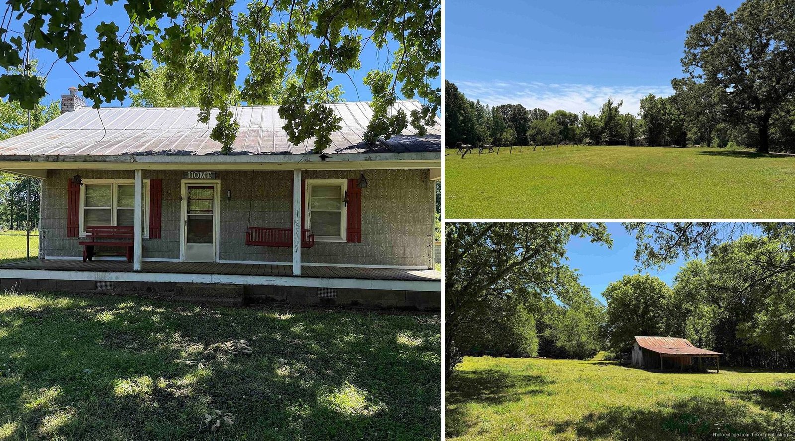 Exterior and land of cheap farmhouse in Milledgeville Tennessee — 8 acres hay barn outbuildings three-sided fencing McNairy County