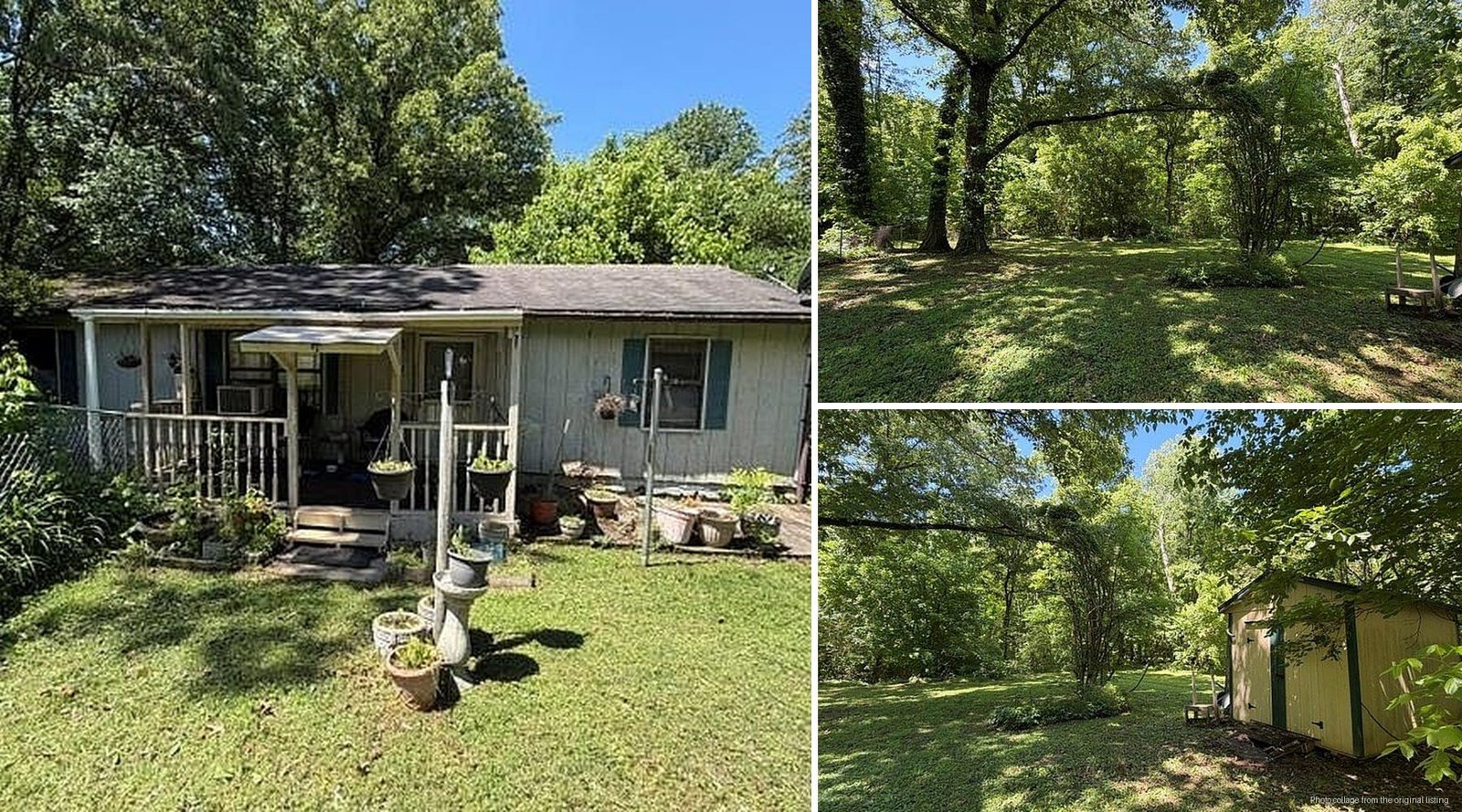 Exterior and land of cheap farmhouse in Puryear Tennessee — two lots 1.21 acres detached garage Kentucky Lake Henry County