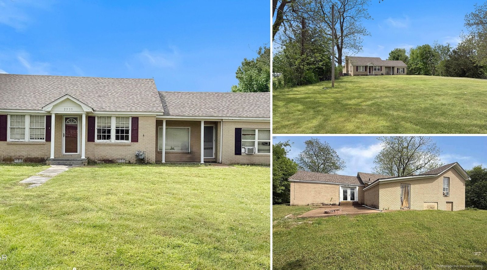 Exterior and land of cheap farmhouse in Ripley Tennessee — 1 acre covered carport shade trees garden space county seat