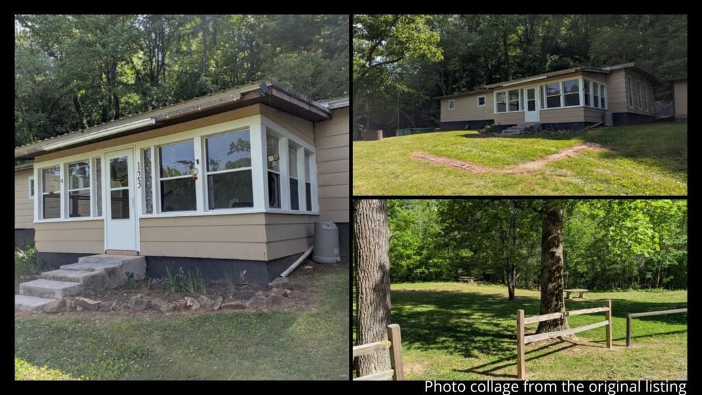 Exterior collage showing the mountain backdrop, wooded acreage, and Piney River proximity of a rural property for sale in Spring City, Tennessee