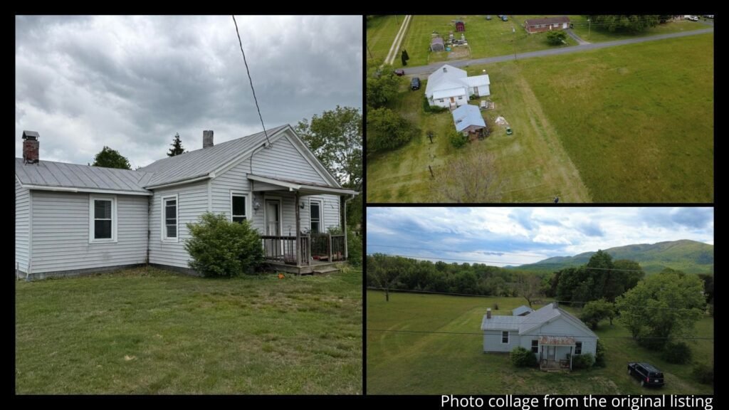 Exterior collage showing the stunning mountain views, deck, and 2.39 generous acres of a 1913 property for sale in Clifton Forge, Virginia