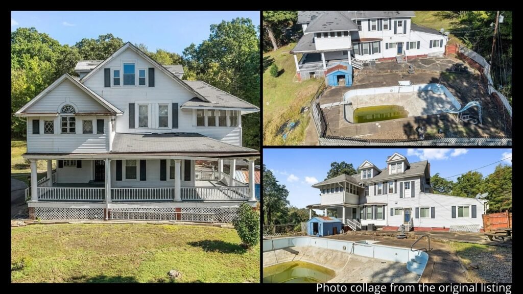 Exterior collage showing the Tuscan columns, in-ground pool, and 7 wooded acres of a 1905 Victorian home for sale in Earlington, Kentucky
