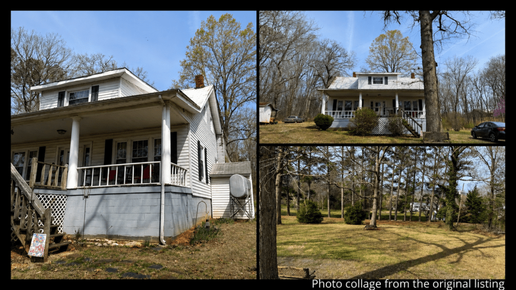 Exterior collage showing the rocking chair front porch, storage building, and 2.8 acres with dual road frontage of a 1920 farmhouse for sale in Long Island, Virginia