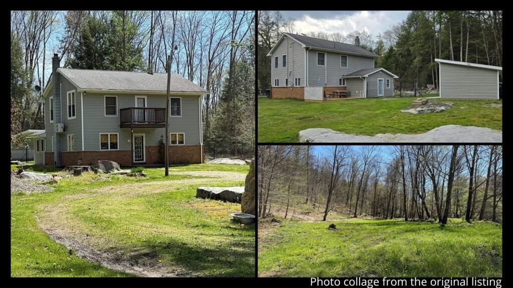 Exterior collage showing the Susquehanna River access, historic covered bridge entrance, fenced backyard, deck, and storage shed of a home for sale in Mahaffey, Pennsylvania