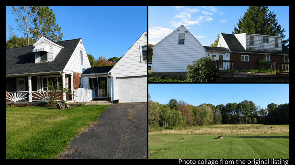 Exterior collage showing the attached two-car garage, deck, patio, and 2.3 wooded acres of a Cape Cod for sale near Oil City, Pennsylvania