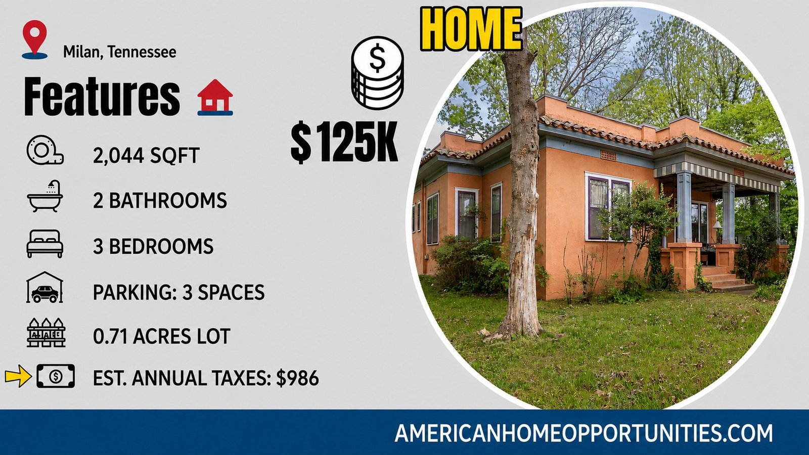 Price card for historic 1925 farmhouse in Milan Tennessee — 4 bedrooms front porch original hardwood fireplace $125,000