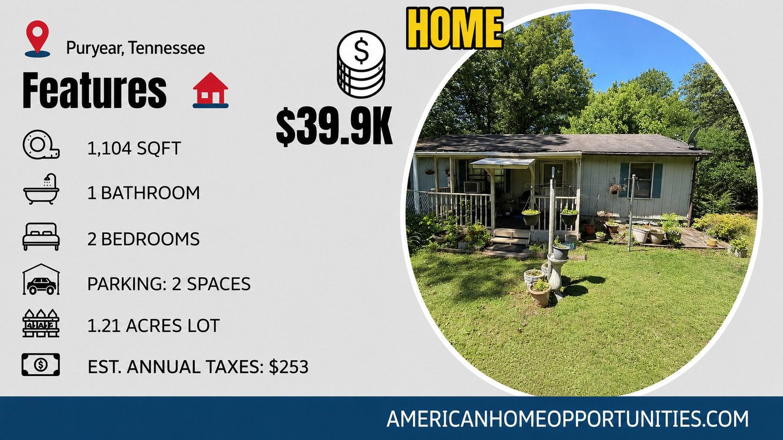 Price card for cheap farmhouse in Puryear Tennessee — 2 bedrooms two lots detached garage Kentucky Lake $39,900