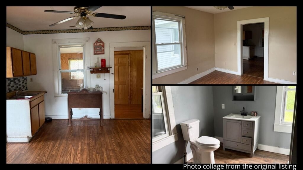 Interior collage of a 1913 Virginia mountain home showing wood and vinyl flooring, living areas, and two bedrooms in Clifton Forge, Virginia