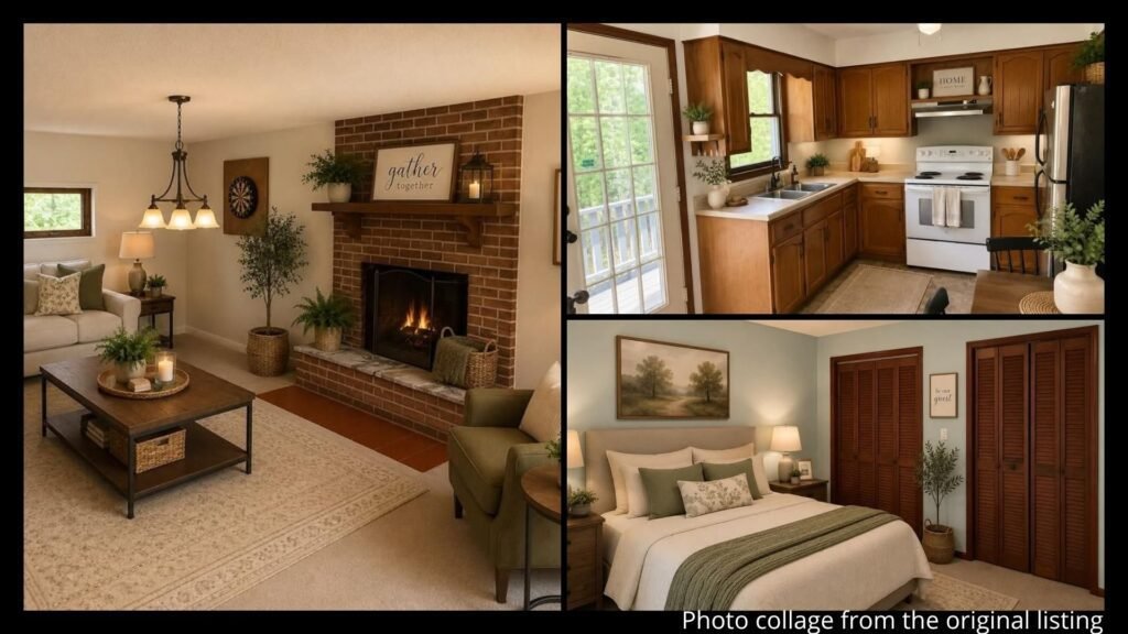 Interior collage of a Virginia mountain home showing the main level living room, kitchen, and finished basement with gas log fireplace in Raven, Virginia