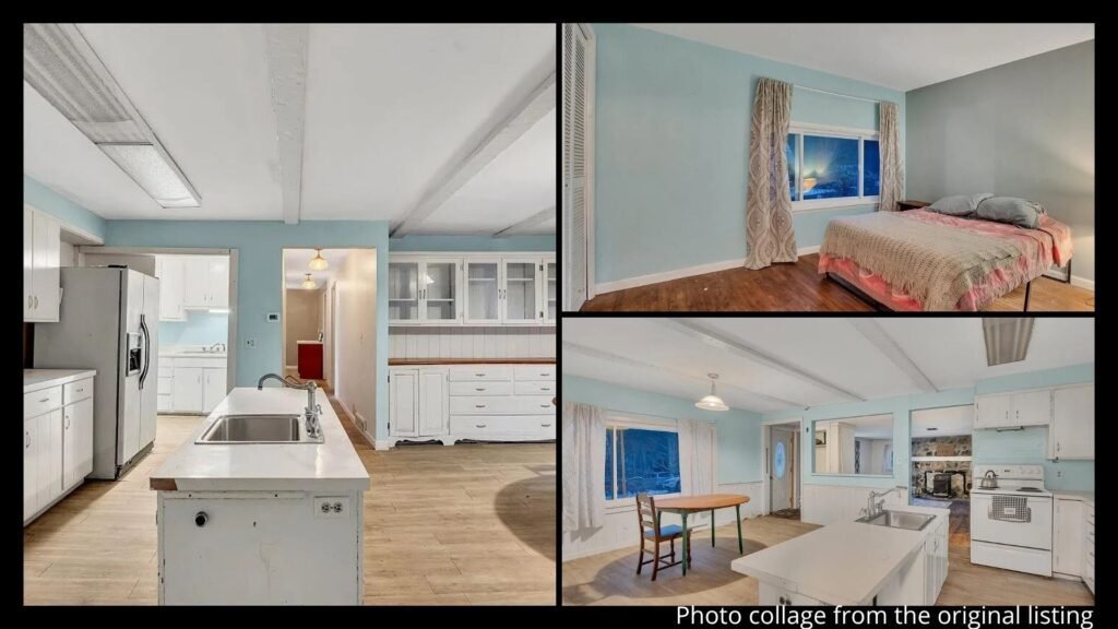 Interior collage of an upstate New York farmhouse showing the butler's pantry, built-in kitchen, hardwood floors, and fireplace in Petersburgh, New York