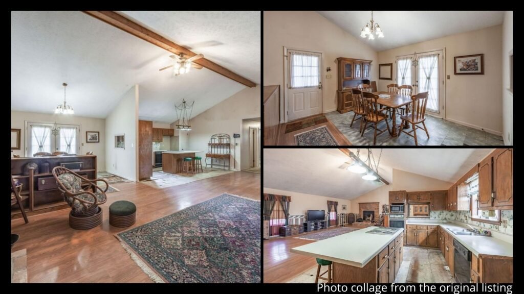Interior collage of a Tennessee home showing the 30-foot family room with gas log fireplace, vaulted ceilings, open kitchen, and dining area outside Jackson, Tennessee