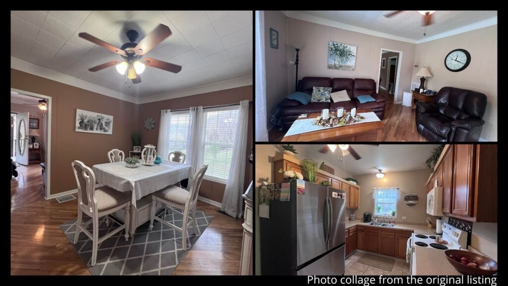 Interior of farmhouse on the Cumberland River in Miracle Kentucky showing eat-in kitchen and laminate flooring