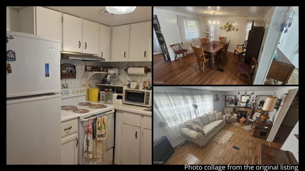 Interior collage of a move-in ready Virginia mountain home showing the gas log fireplace, living areas, and comfortable layout in Coeburn, Virginia