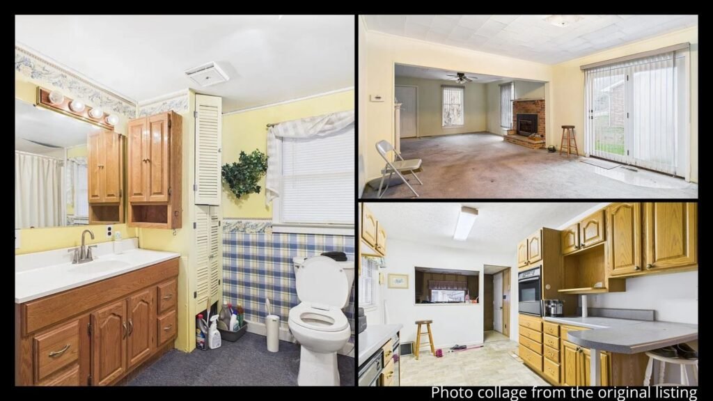 Interior collage of a 1940 Kentucky farmhouse showing hardwood floors, bonus room, and living areas near Paintsville in Nippa, Kentucky