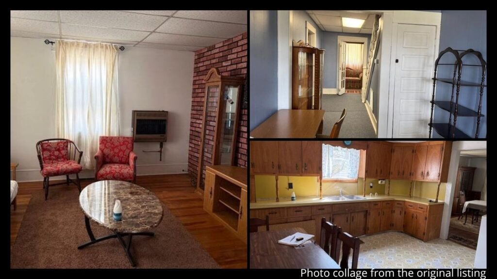 Interior collage of a 1920 Virginia farmhouse showing hardwood floors, large living room, formal dining room, and spacious kitchen in Long Island, Virginia
